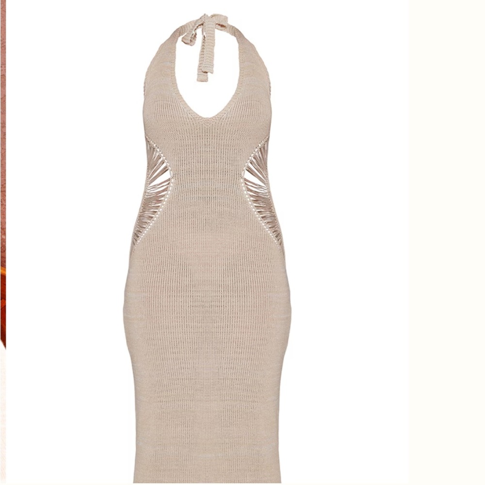 STONE KNITTED DISTRESSED LADDER CUT OUT MAXI DRESS - Picture 2 of 4